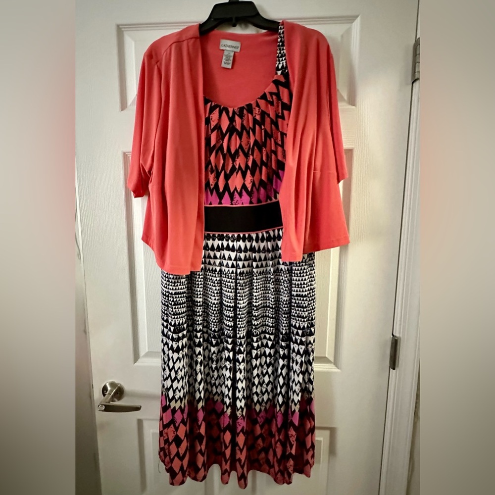 Catherines Pink, Peach & Black sleeveless dress & shrug 1X (18)